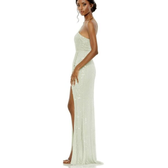 Mac Duggal Pearl Maxi Evening Dress Embellished One Shoulder Gown Size 12 NWT - Picture 3 of 11